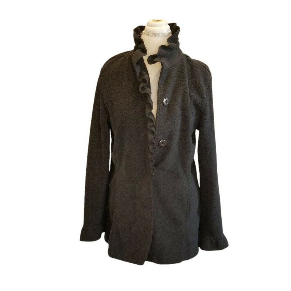 Eivissa Collection Womens Dark Gray Fleece‎ Jacket Ruffle Trim Pockets Sz Medium